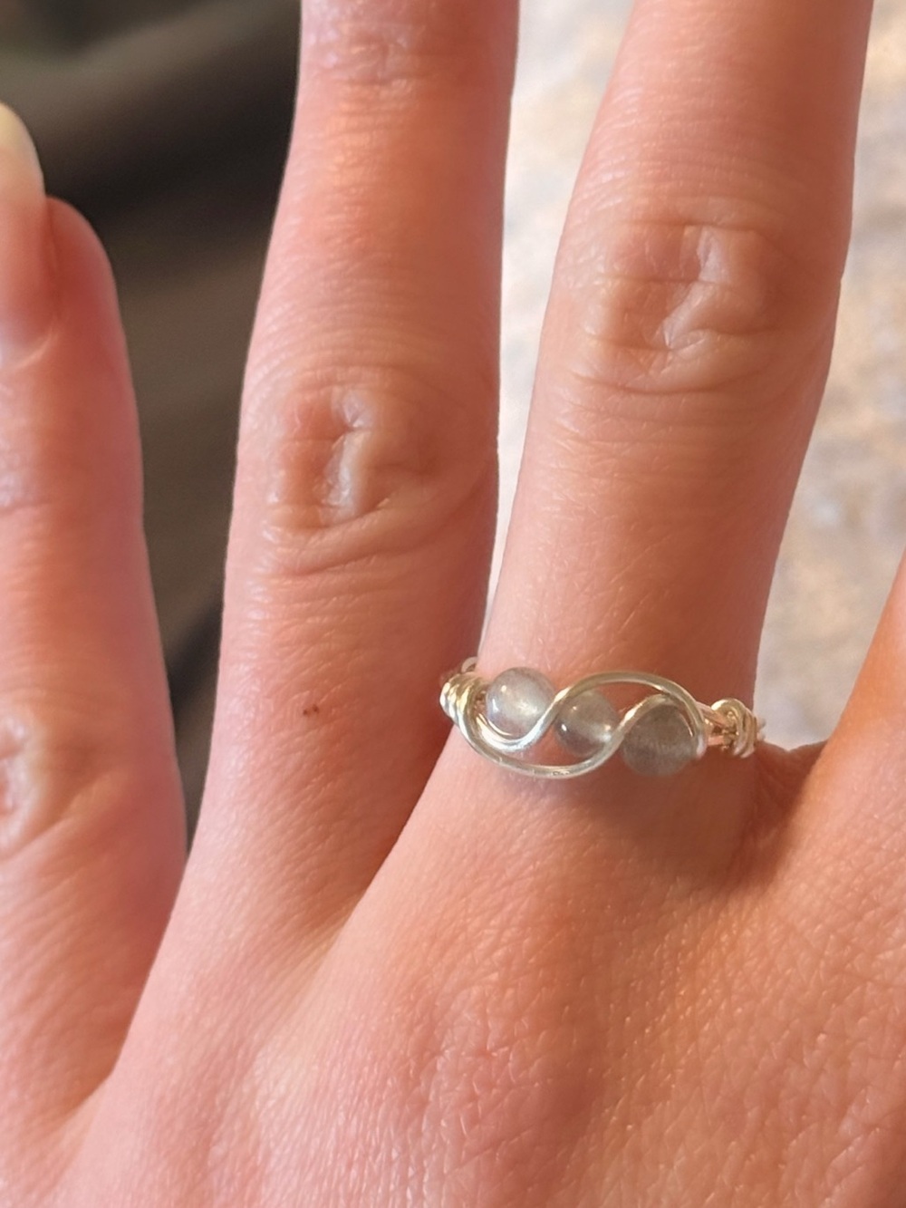 NEW Labradorite Bead Hand Crafted Wire Wrapped Ring - Silver Tone